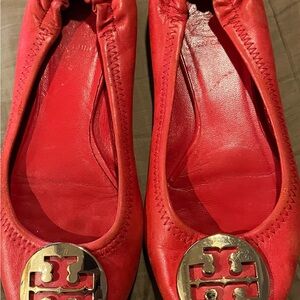 Tory Burch Red Leather Logo Ballet Flats